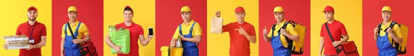 Conjunto Mensageiros Serviço Entrega Alimentos Fundo Colorido — Fotografia de Stock