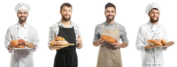 Set Von Bäckern Mit Frischem Brot Isoliert Auf Weiß — Stockfoto