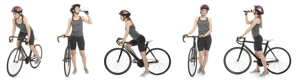白色背景下骑自行车的女骑手 — 图库照片