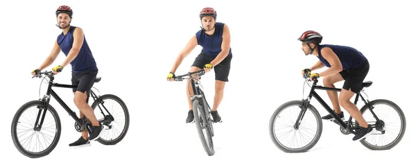Uppsättning Manliga Cyklist Ridning Cykel Vit Bakgrund — Stockfoto