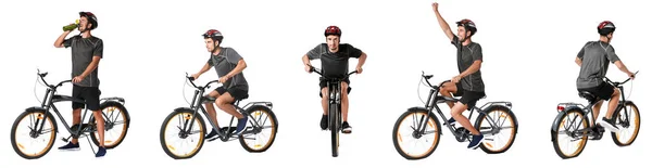 Set Von Männlichen Radfahrer Reiten Fahrrad Auf Weißem Hintergrund — Stockfoto