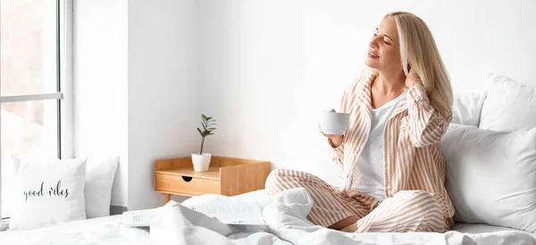 Morning Beautiful Mature Woman Drinking Coffee Bedroom — Stock Photo, Image