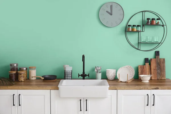 Interior Modern Kitchen Turquoise Wall — Stock Photo, Image