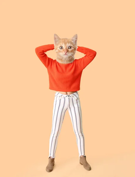 Gatinho Engraçado Com Corpo Humano Fundo Bege — Fotografia de Stock