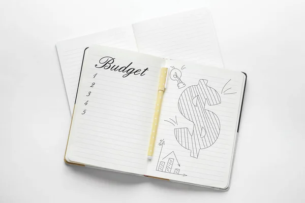 Ноутбуки Ручка Светлом Фоне Концепция Планирования Бюджета — стоковое фото