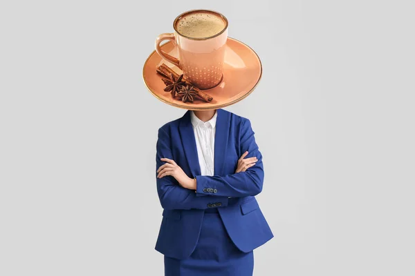 Businesswoman Cup Hot Coffee Instead Her Head Light Background — Stock Photo, Image