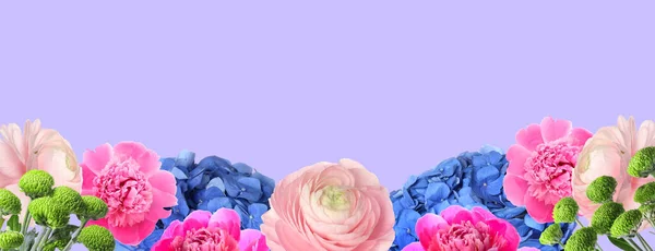 Hermosas Flores Diferentes Sobre Fondo Lila Con Espacio Para Texto — Foto de Stock