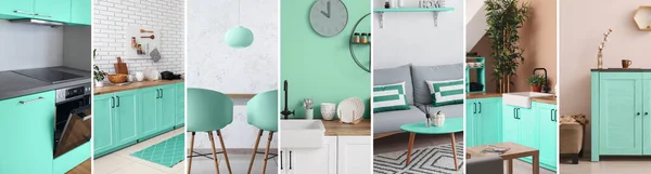 Kollázs Modern Belső Terekkel Menta Színekben — Stock Fotó