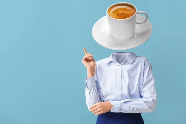 Businesswoman Cup Hot Coffee Instead Her Head Light Blue Background — Stock Photo, Image