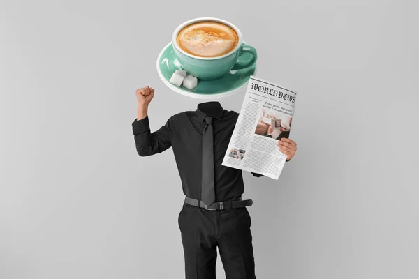 Happy Businessman Cup Hot Coffee Instead His Head Newspaper Light — Stock Photo, Image