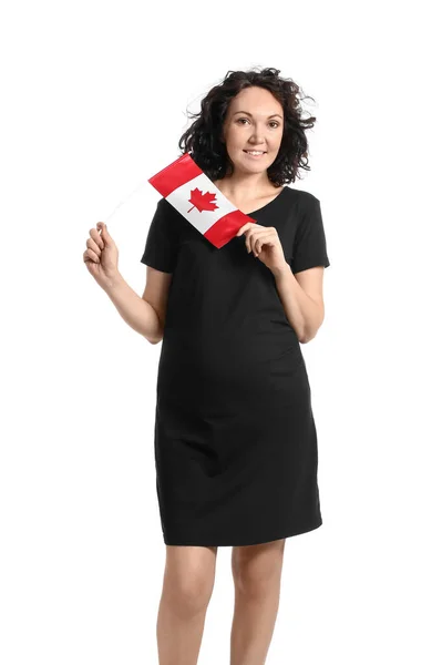 Mujer Embarazada Joven Con Bandera Canadiense Sobre Fondo Blanco —  Fotos de Stock