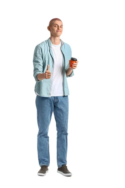 Elinde Kahve Fincanı Olan Genç Adam Beyaz Arka Planda Baş — Stok fotoğraf