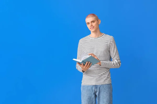 Young Guy Reading Book Blue Background — Stock Photo, Image