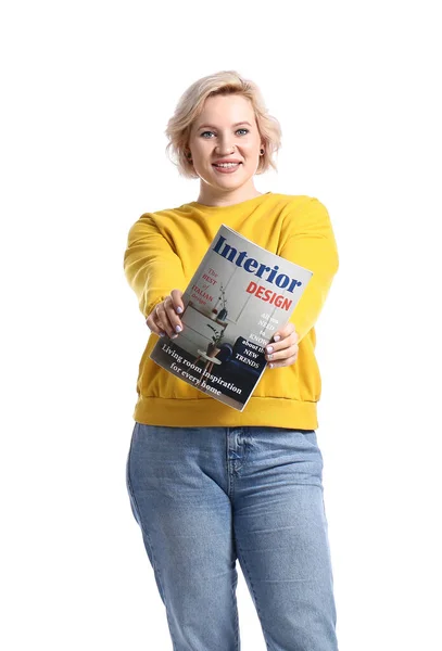 Schöne Blonde Frau Mit Magazin Auf Weißem Hintergrund — Stockfoto