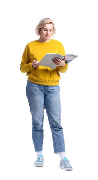 Beautiful Blonde Woman Reading Magazine White Background — Stock Photo, Image