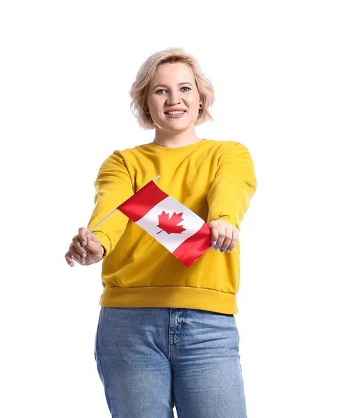 Gyönyörű Szőke Kanadai Zászló Fehér Háttér — Stock Fotó
