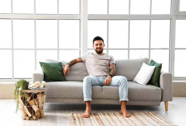 Handsome Barefoot Man Sitting Sofa Home — Stock Photo, Image