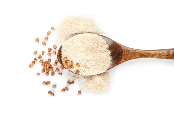 Spoon Flour Buckwheat Grains White Background — Stock Photo, Image