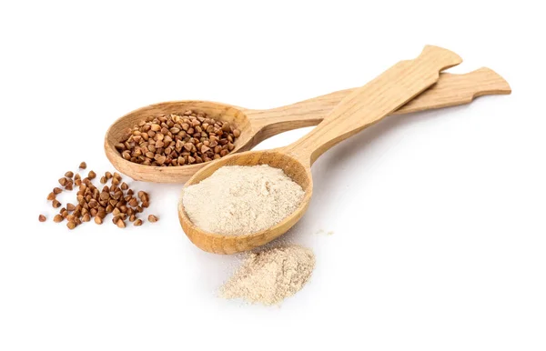 Spoons Flour Buckwheat Grains White Background — Stock Photo, Image