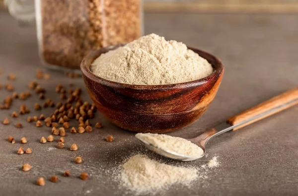 Bowl Flour Spoon Buckwheat Grains Grunge Background — Stock Photo, Image