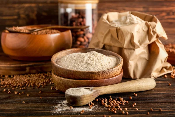 Bowl Flour Spoon Buckwheat Grains Dark Wooden Background — Stock Photo, Image
