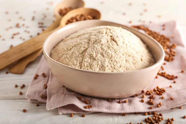 Bowl Flour Buckwheat Grains Napkin White Wooden Background — Stock Photo, Image