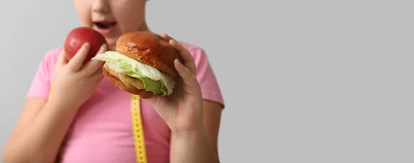 Overweight Girl Healthy Unhealthy Food Light Background Space Text — Stock Photo, Image