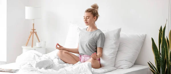 Morning Beautiful Young Woman Meditating Bedroom — Stock Photo, Image