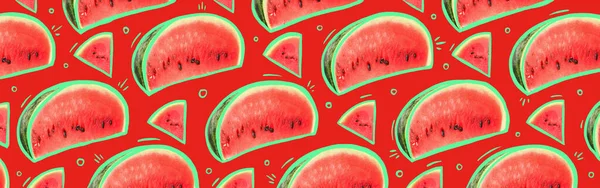 Many Slices Ripe Watermelon Red Background — Stock Photo, Image