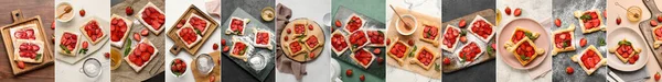 Collage Con Dolci Pasticcini Alla Fragola Vista Dall Alto — Foto Stock