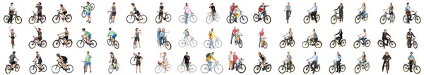 Set Molte Persone Diverse Con Biciclette Isolate Bianco — Foto Stock