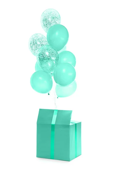 Gift Box Mint Balloons White Background — Stock Photo, Image