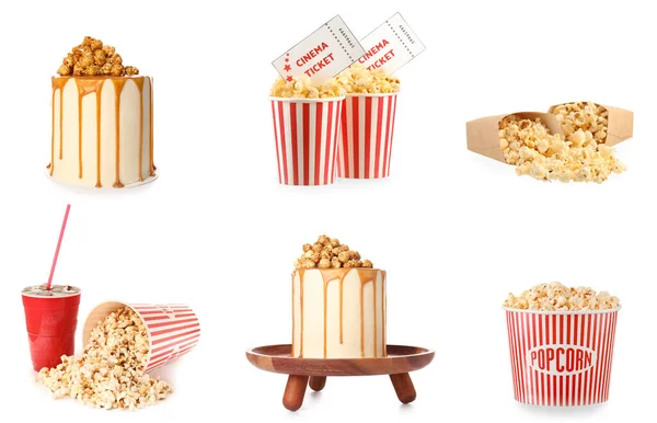 Leckeres Popcorn Mit Kalter Cola Kinokarten Und Süßem Kuchen Auf — Stockfoto