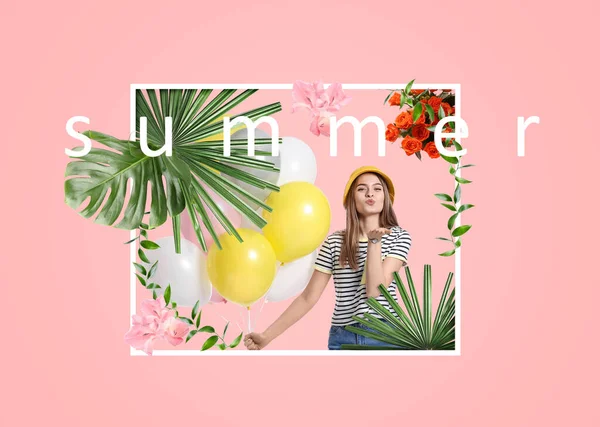 Sommer Collage Von Schönen Jungen Frau Mit Luftballons Tropischen Blättern — Stockfoto