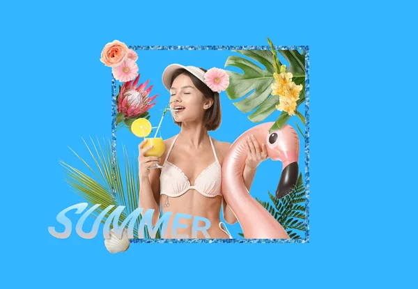 Summer Collage Beautiful Young Woman Swimsuit Inflatable Ring Cocktail Blue — Stock Photo, Image