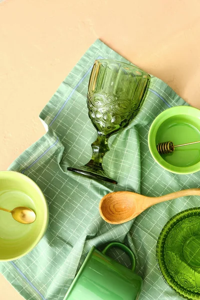 Green Dishware Napkin Beige Background — Stock Photo, Image