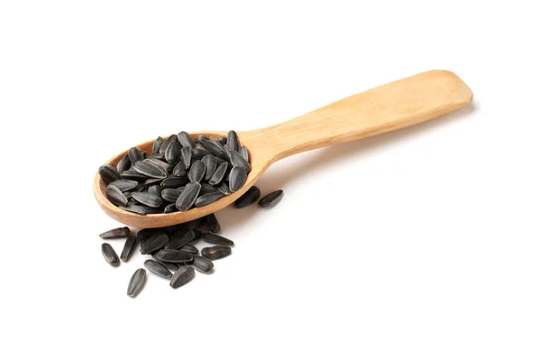 Wooden Spoon Scattered Sunflower Seeds White Background — Stock Photo, Image