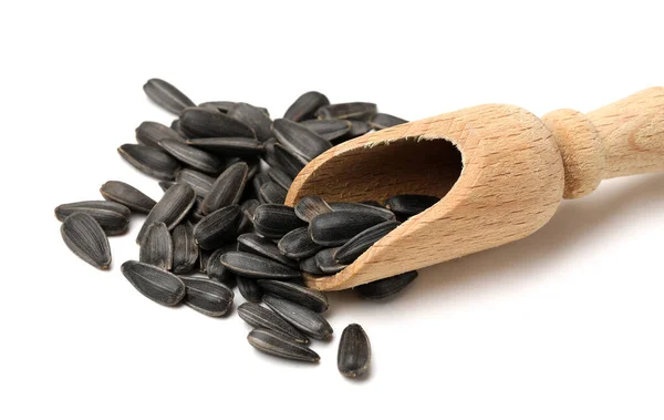 Wooden Scoop Unpeeled Sunflower Seeds White Background Closeup — Stock Photo, Image
