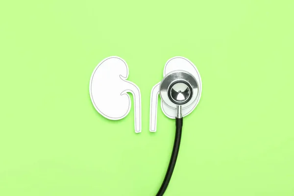 Paper Kidneys Stethoscope Green Background — Stock Photo, Image