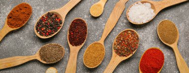 Gri arka planda aromatik baharatlı kaşıklar, üst görünüm