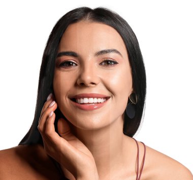 Beyaz arka planda farklı ten renkleri olan çekici genç bir kadının portresi.