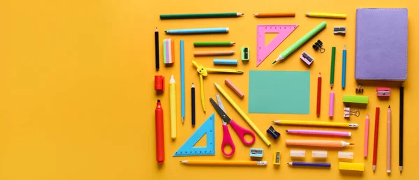 Different School Supplies Orange Background Space Text Top View — Stock Photo, Image
