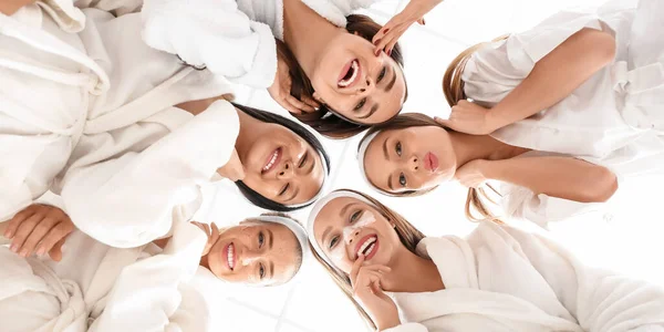 Beautiful Young Women Bathrobes White Background — Stock Photo, Image