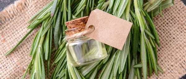 Bottle Rosemary Essential Oil Table Top View — Stock Photo, Image