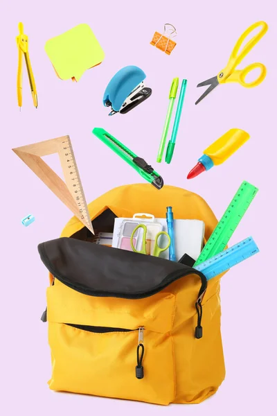 School Backpack Different Stationery Light Color Background — Stock Photo, Image