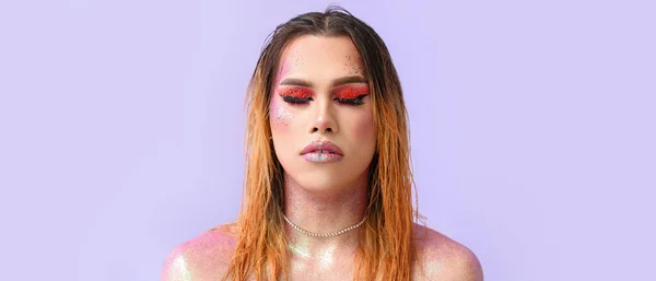 Fashionable Young Transgender Woman Glitters Body Color Background — Stock Photo, Image