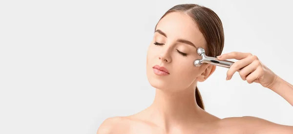 Beautiful Woman Facial Massage Tool White Background — Stock Photo, Image