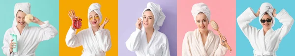 Set Von Schönen Frauen Bademänteln Mit Handtüchern Kosmetik Bürsten Wecker — Stockfoto