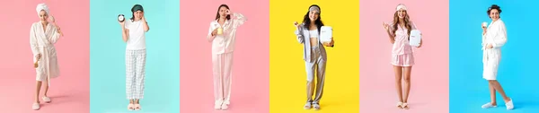 Conjunto Hermosas Mujeres Pijama Albornoces Con Máscaras Para Dormir Tazas —  Fotos de Stock