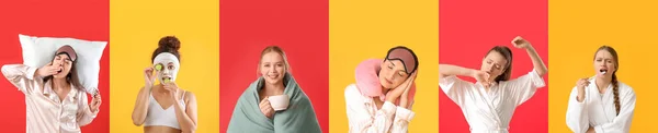 パジャマとバスローブの美しい女性のセット 睡眠マスク付き コーヒーカップ 色の背景に歯ブラシを毛布 — ストック写真